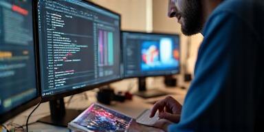 Graphic designer editing designs on a computer